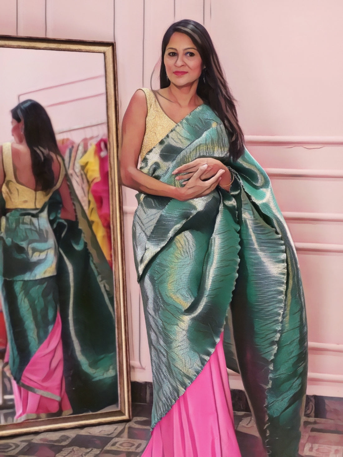 Unveiling Elegance: The Crushed Gotta Blouse & Green Pleated Palloo Saree