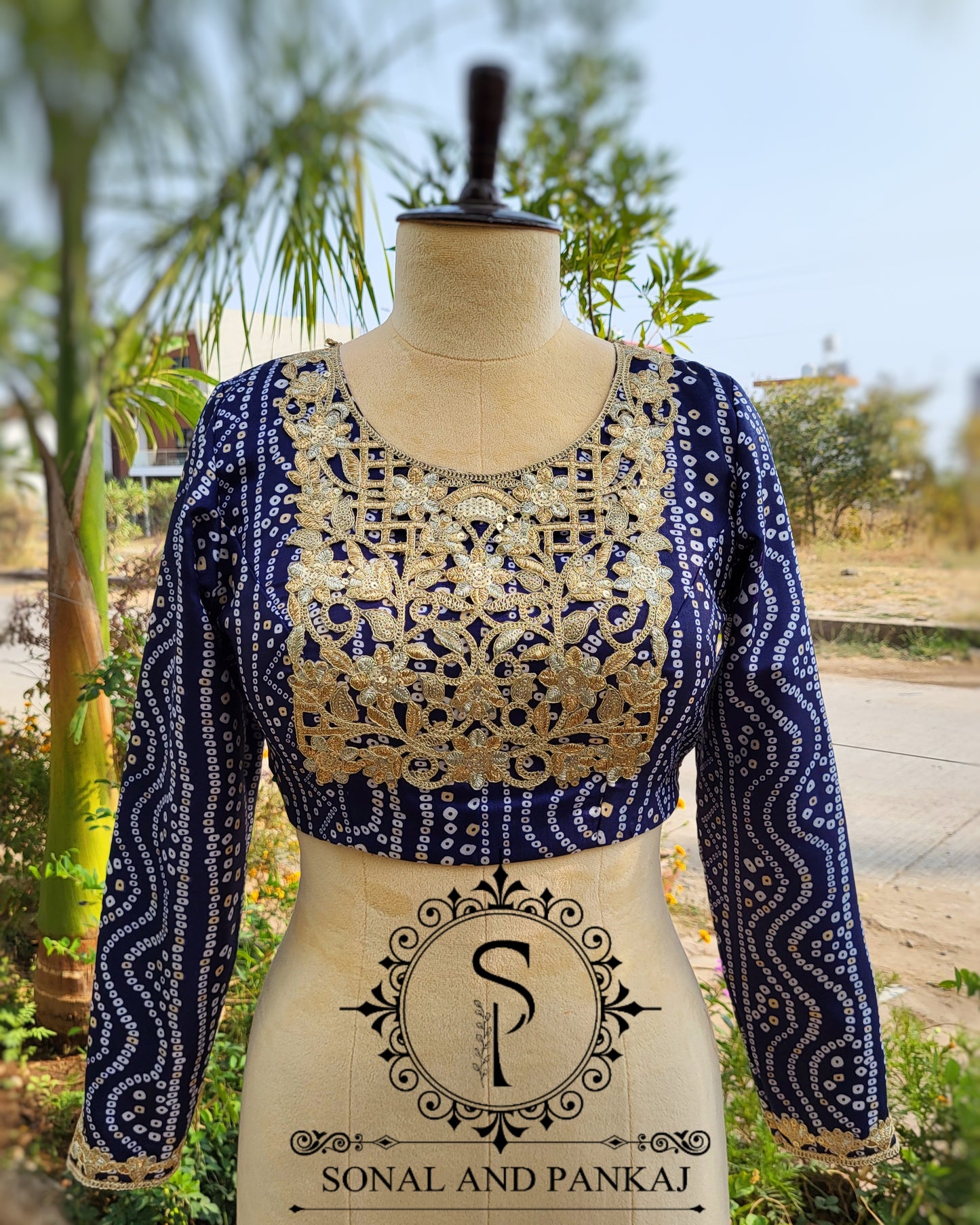 Navy Blue Bandhani Yoke Style Blouse - BL01423