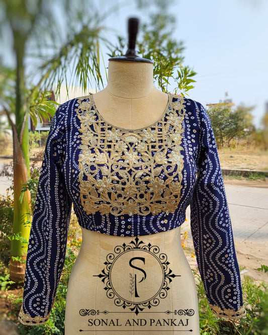 Navy Blue Bandhani Yoke Style Blouse - BL01423