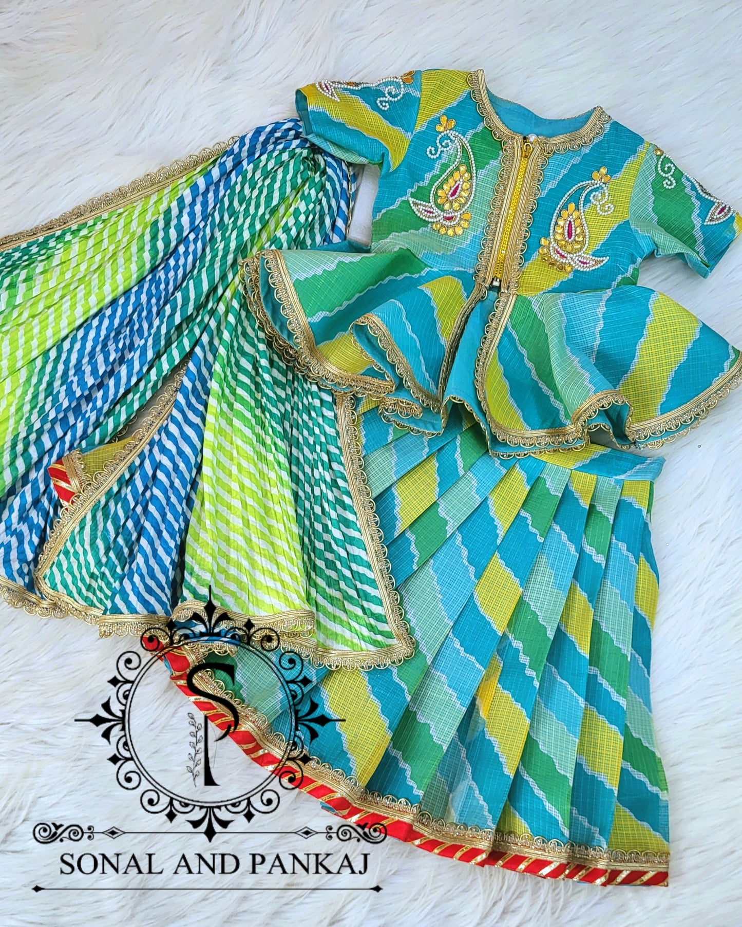 Blue & Green Kids Lehenga Choli - KD01425