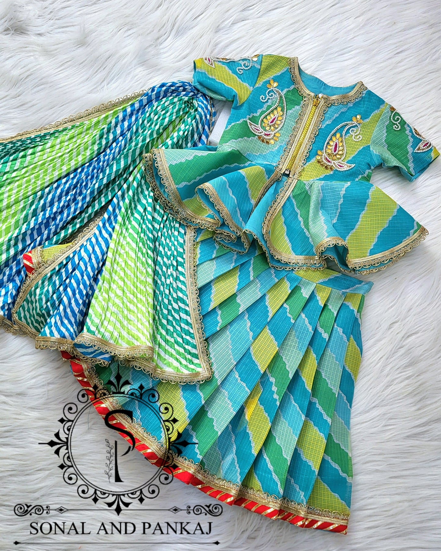 Blue & Green Kids Lehenga Choli - KD01425
