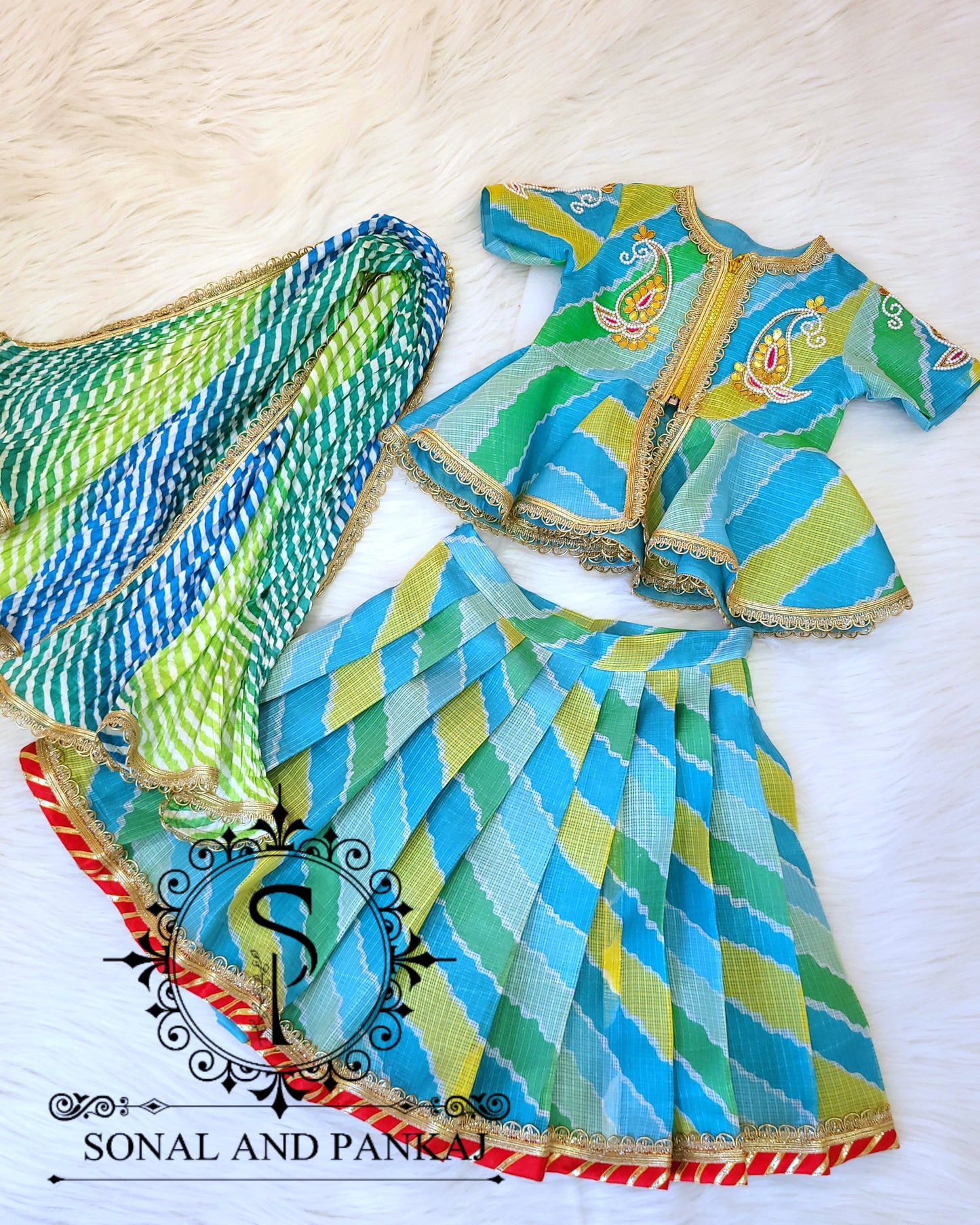 Blue & Green Kids Lehenga Choli - KD01425