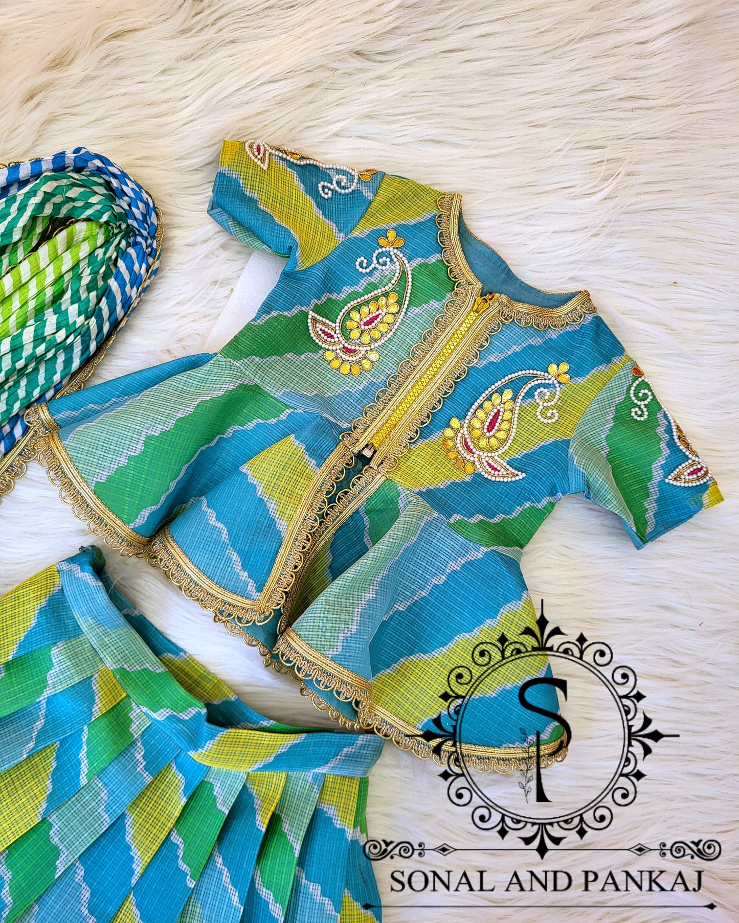 Blue & Green Kids Lehenga Choli - KD01425
