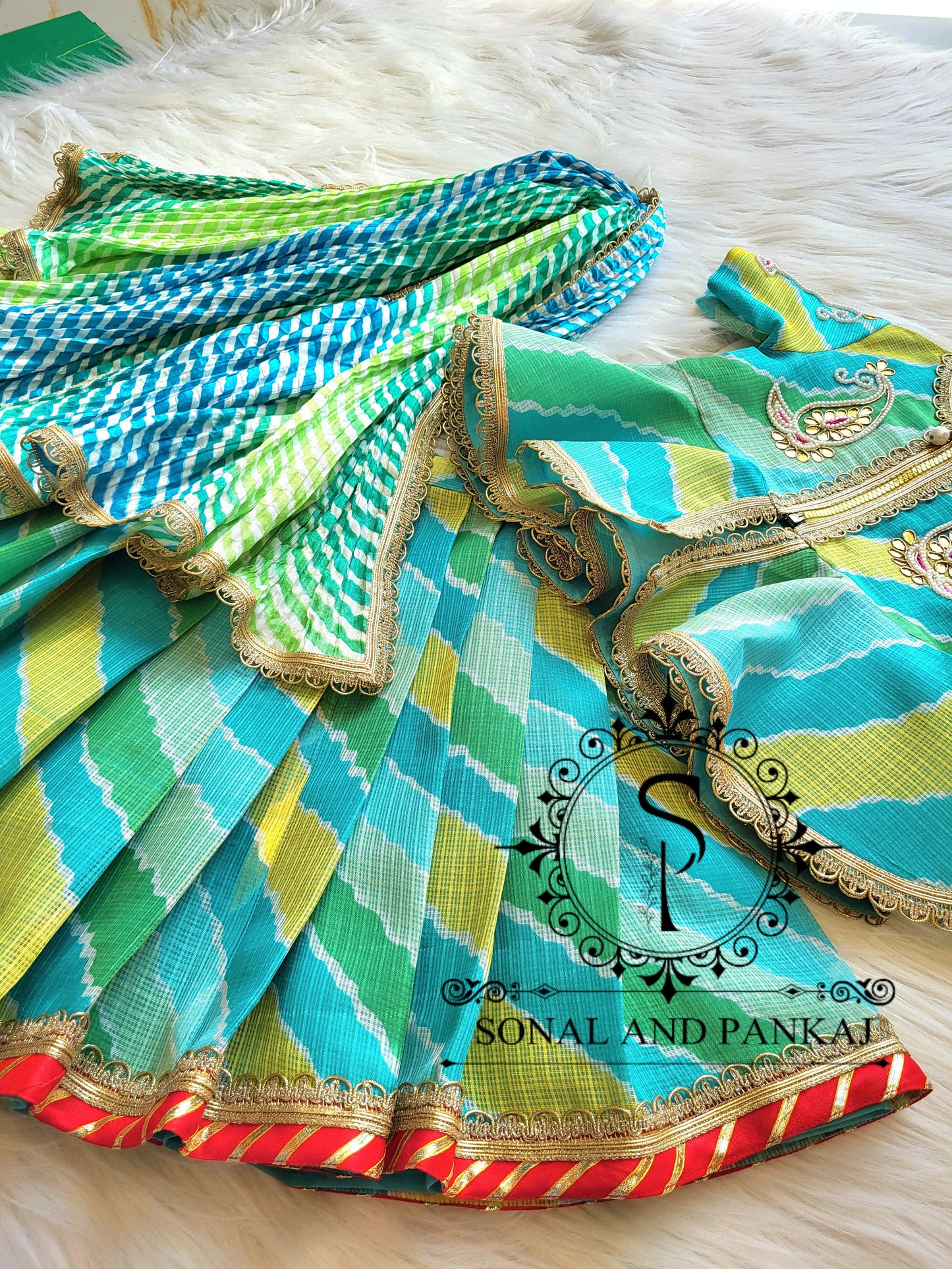 Blue & Green Kids Lehenga Choli - KD01425