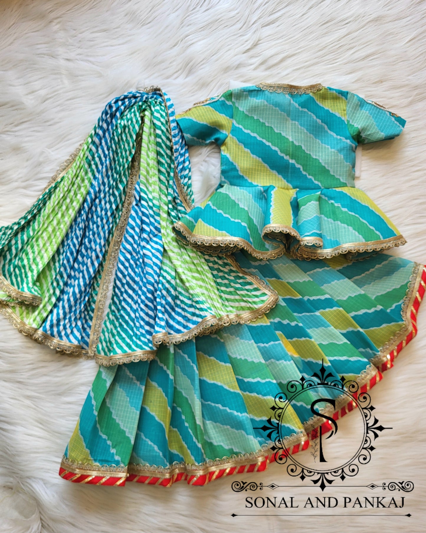 Blue & Green Kids Lehenga Choli - KD01425