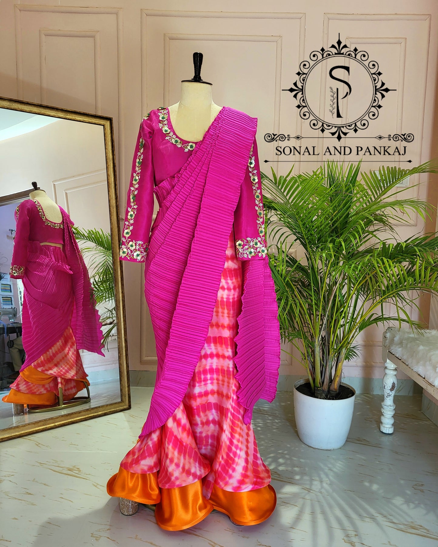 Rani Pink Hand Embroidered Blouse & Hot Pink Pleated Ready To Drape Designer Saree - SA01488