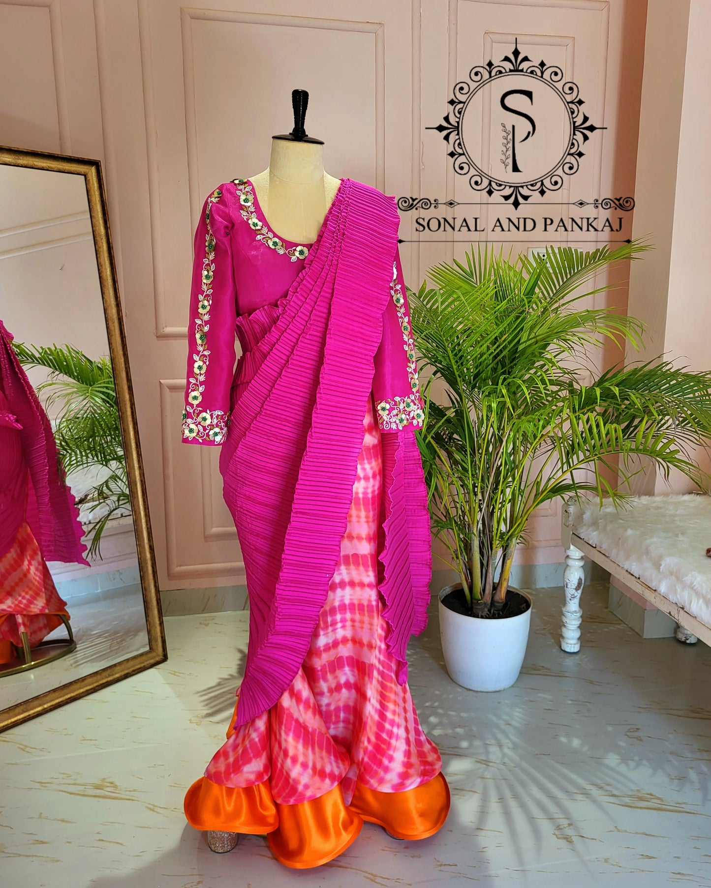 Rani Pink Hand Embroidered Blouse & Hot Pink Pleated Ready To Drape Designer Saree - SA01488