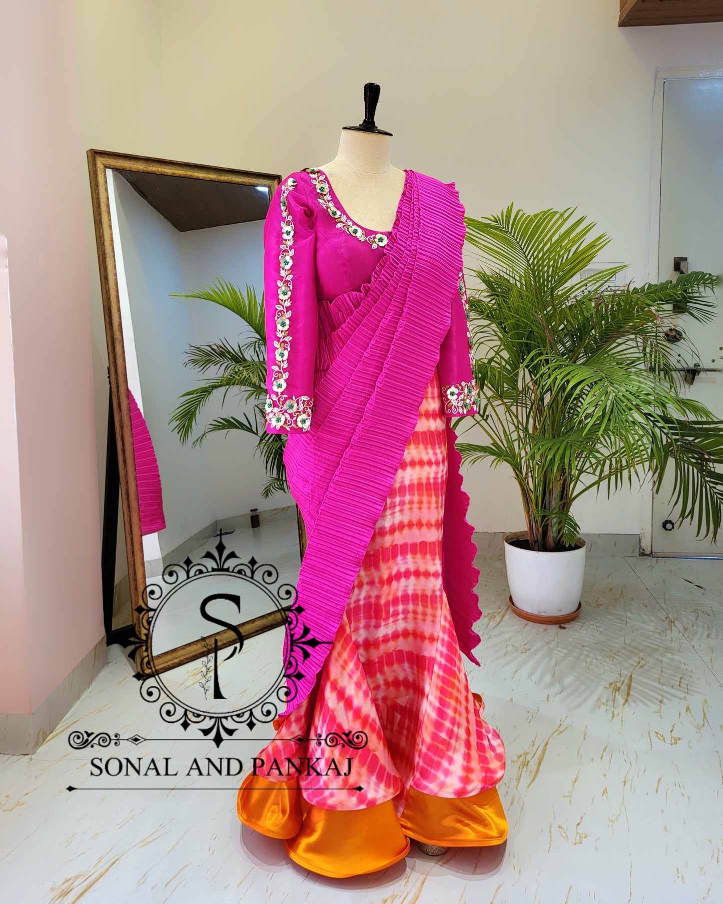Rani Pink Hand Embroidered Blouse & Hot Pink Pleated Ready To Drape Designer Saree - SA01488