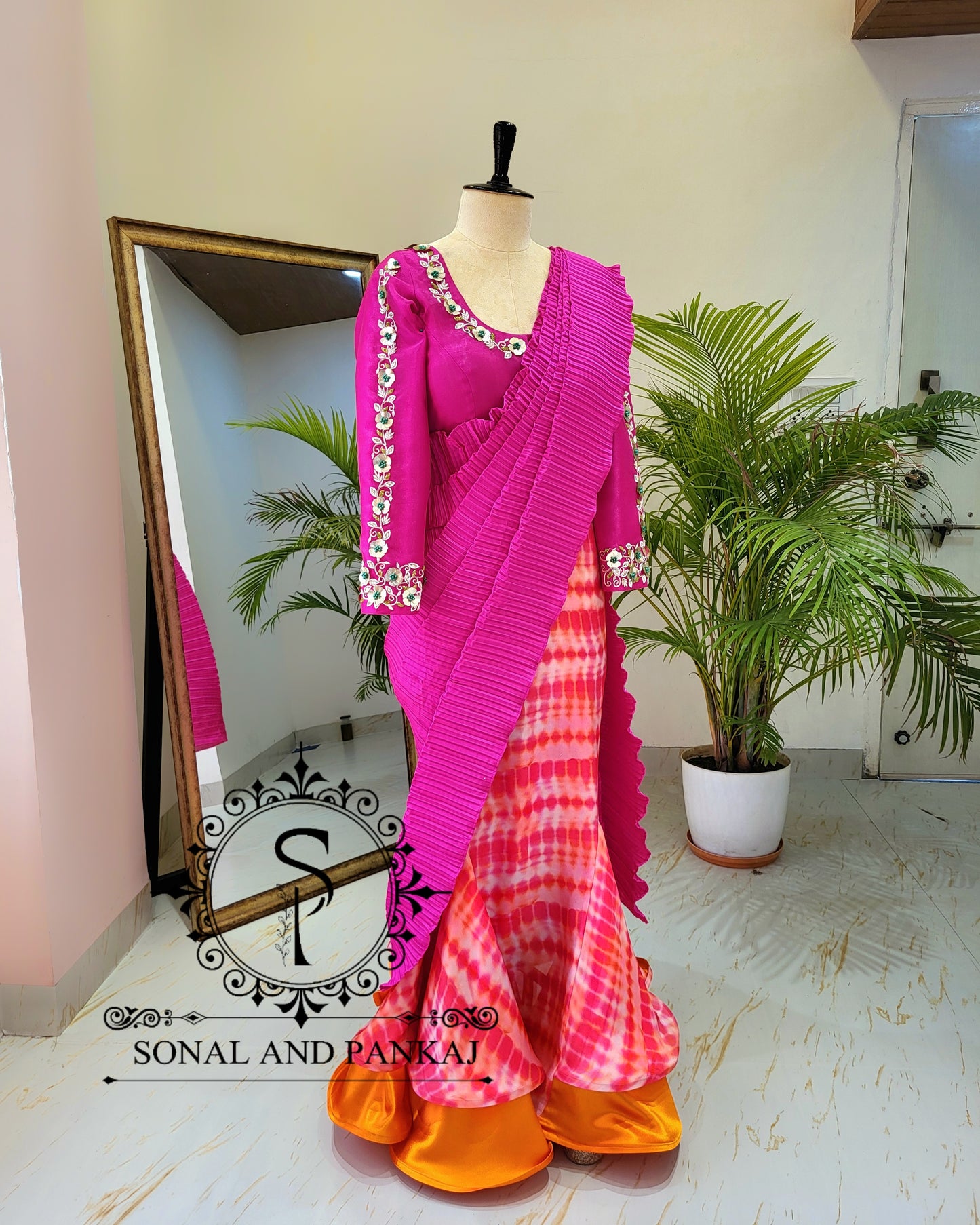 Rani Pink Hand Embroidered Blouse & Hot Pink Pleated Ready To Drape Designer Saree - SA01488