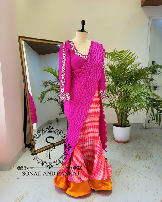 Rani Pink Hand Embroidered Blouse & Hot Pink Pleated Ready To Drape Designer Saree - SA01488