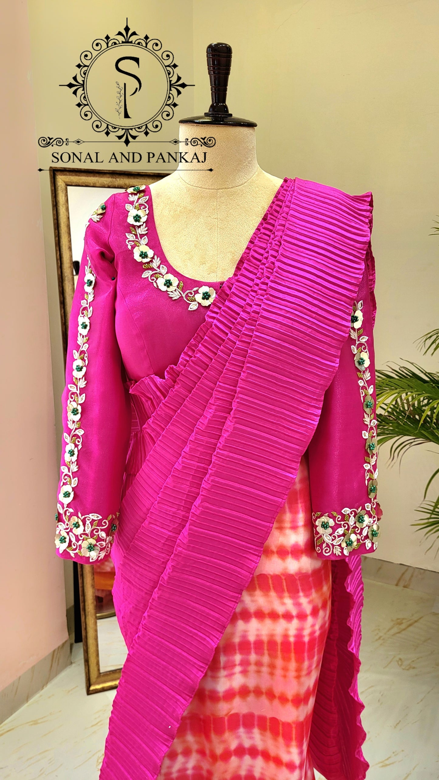 Rani Pink Hand Embroidered Blouse & Hot Pink Pleated Ready To Drape Designer Saree - SA01488