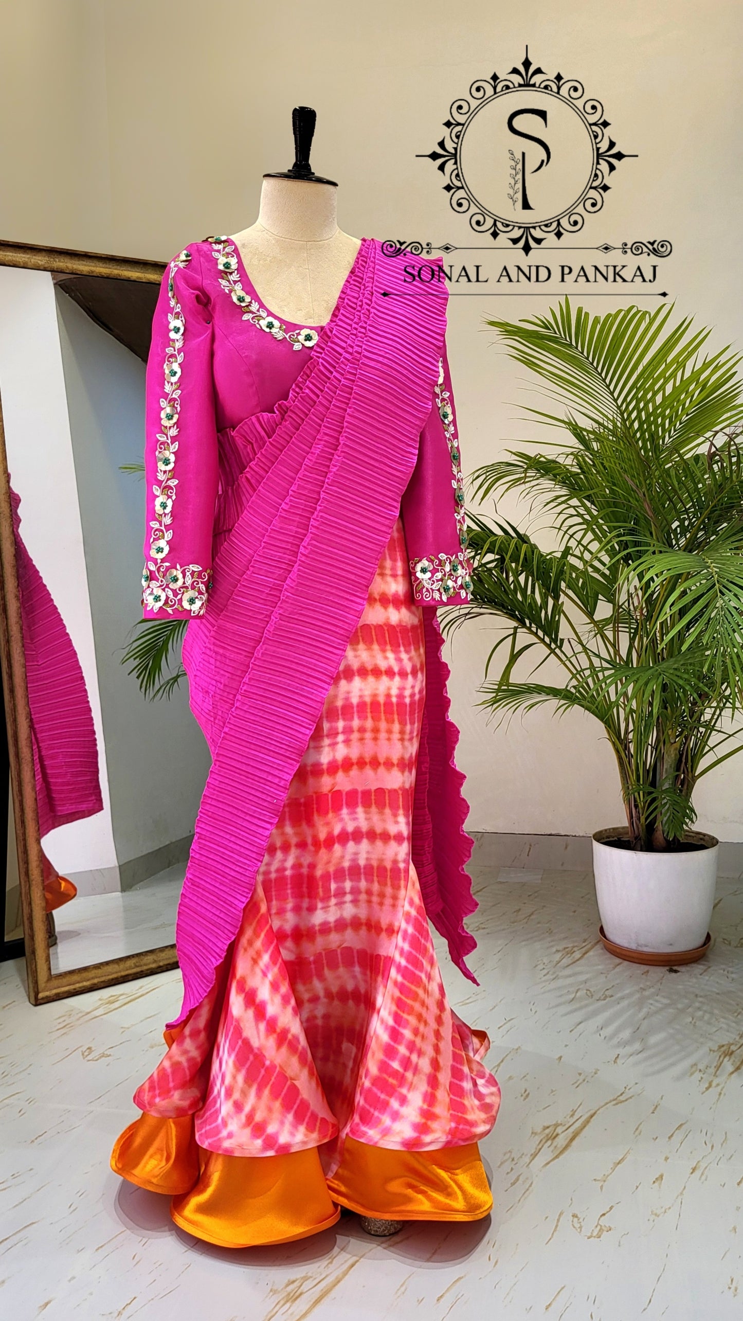 Rani Pink Hand Embroidered Blouse & Hot Pink Pleated Ready To Drape Designer Saree - SA01488