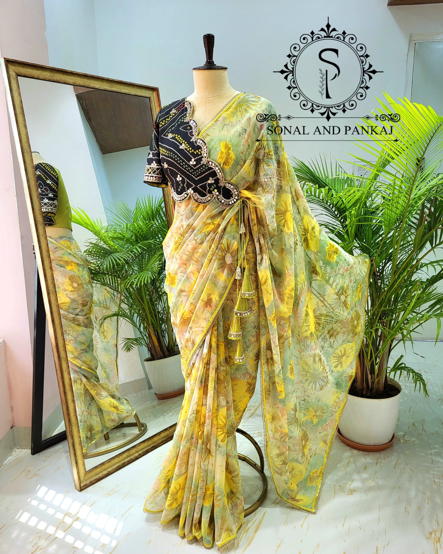Black & Green Cutwork Mirror Embroidered Jacket Style Blouse With Pre-pleated Ready To Drape Saree - SA01435