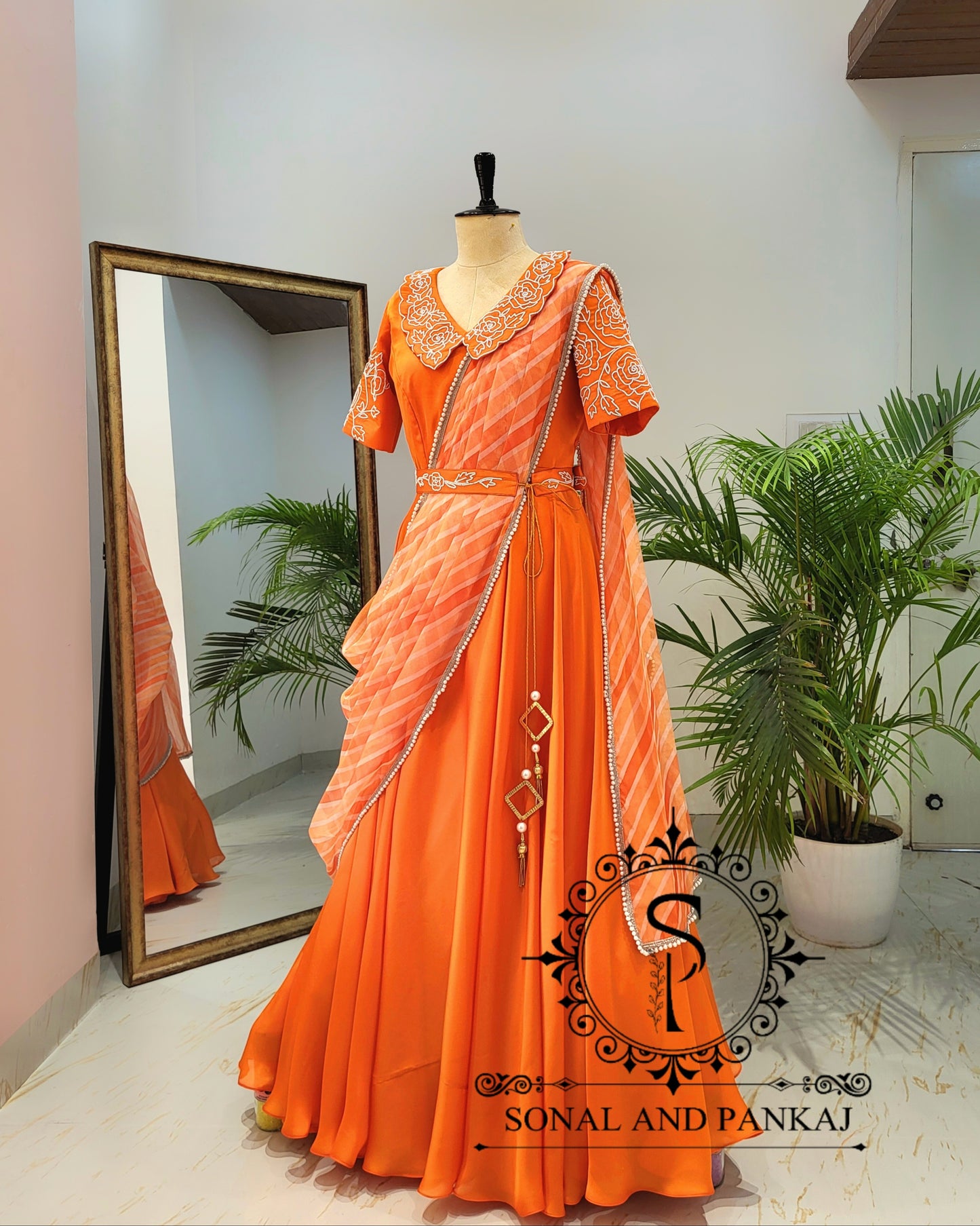 Orange Hand Embroidered Ready To Wear Gown Saree - SA01438