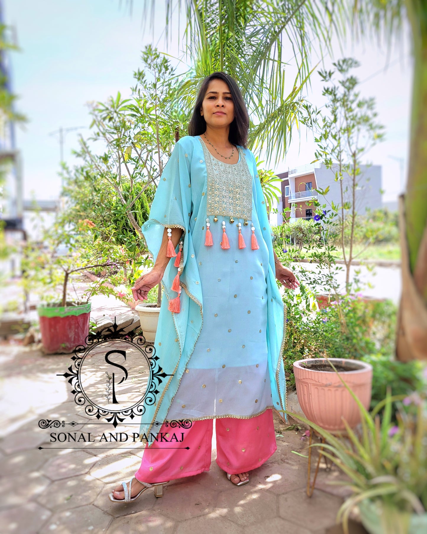 Sky Blue & Coral Kaftan Coord Set - RW01468