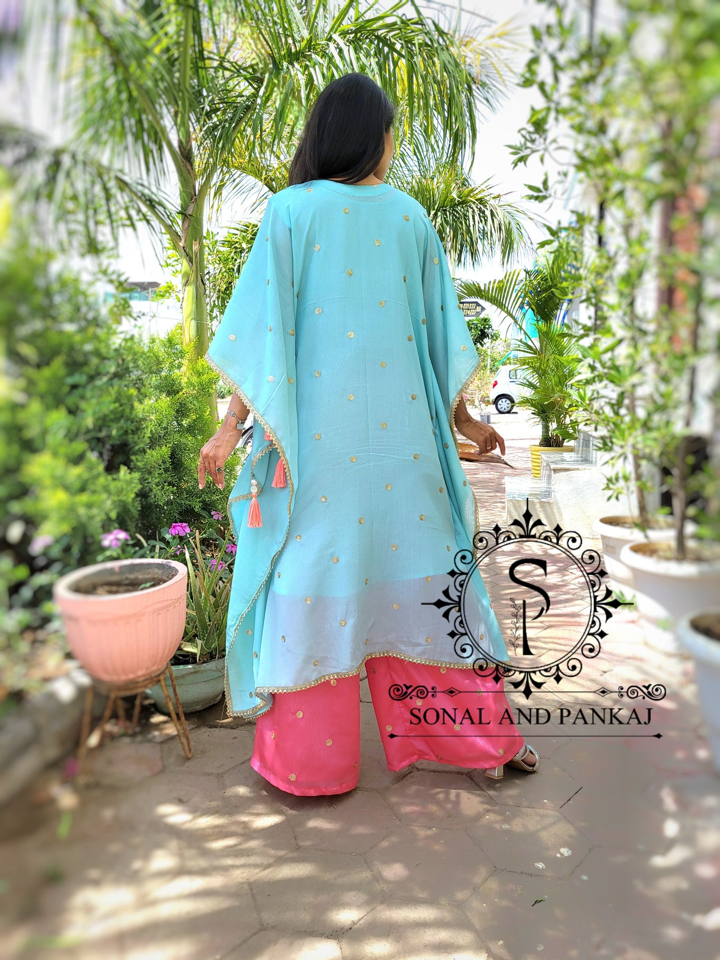 Sky Blue & Coral Kaftan Coord Set - RW01468