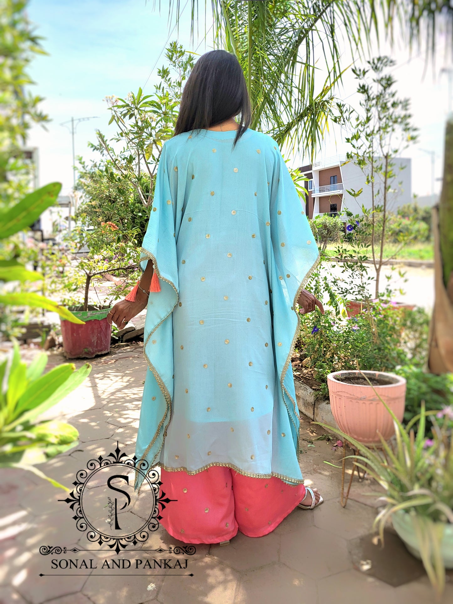 Sky Blue & Coral Kaftan Coord Set - RW01468
