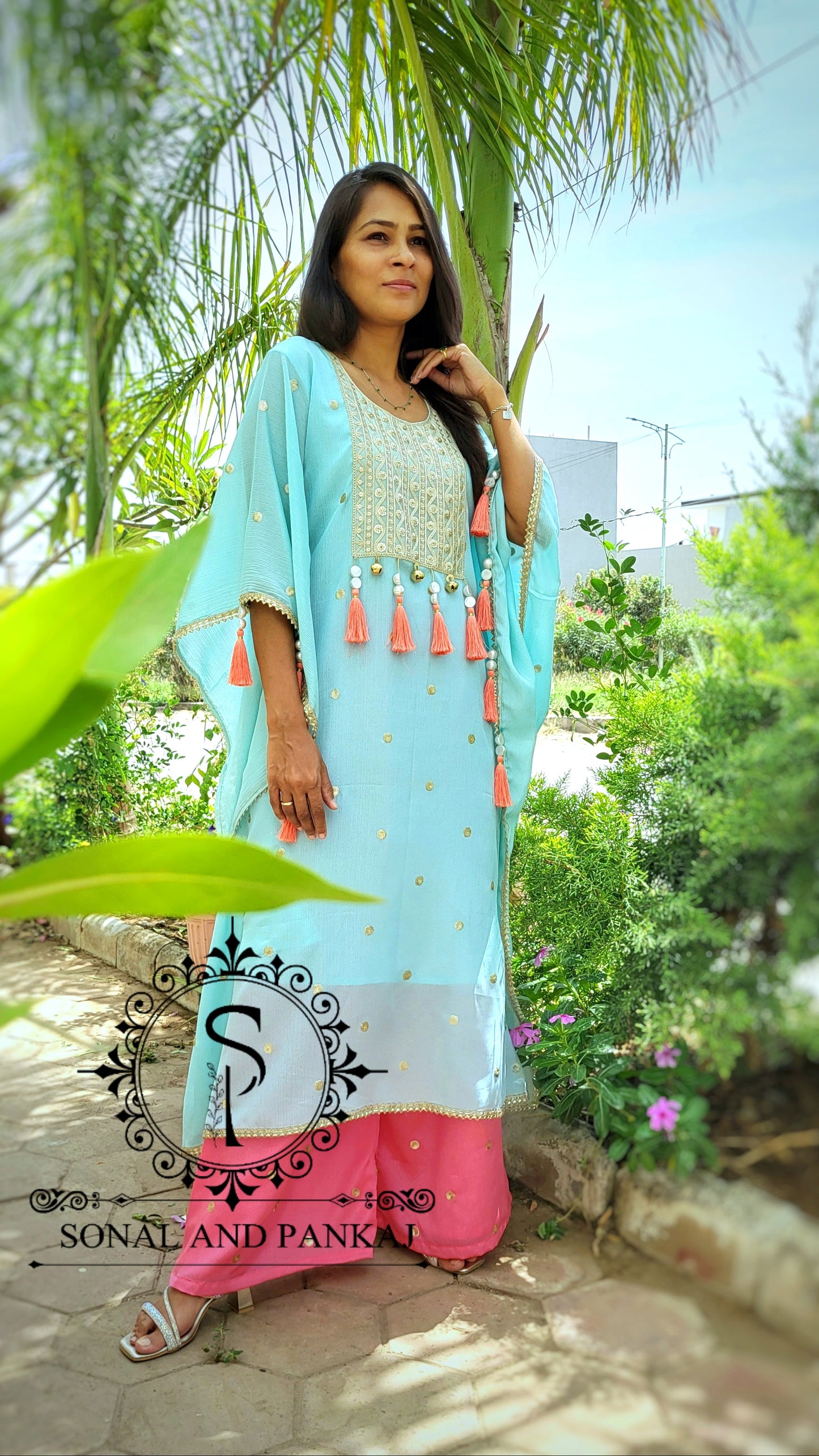 Sky Blue & Coral Kaftan Coord Set - RW01468