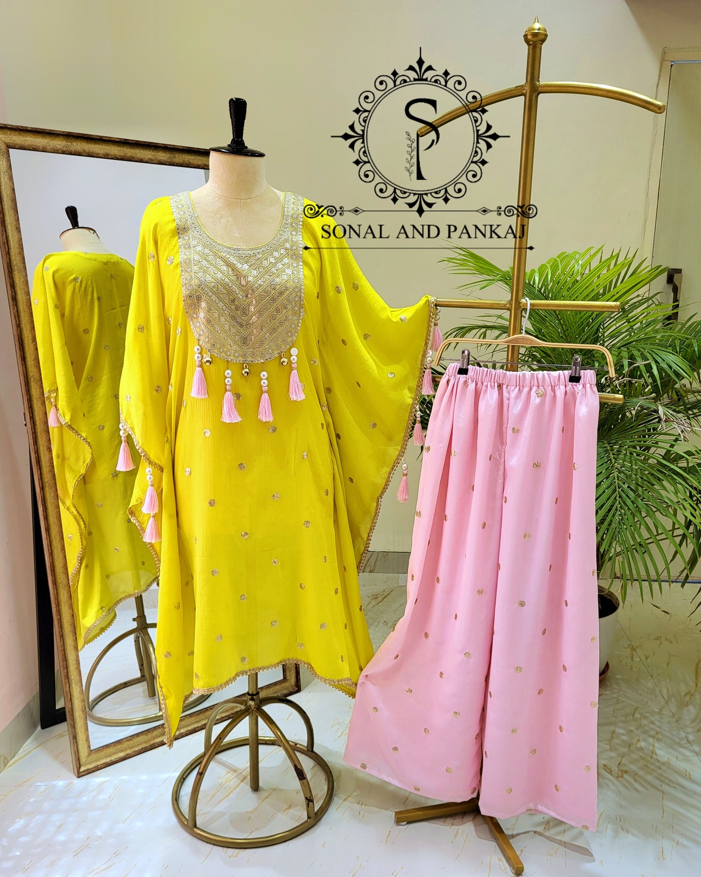 Lime Green & Baby Pink Kaftan Coord Set - RW01466