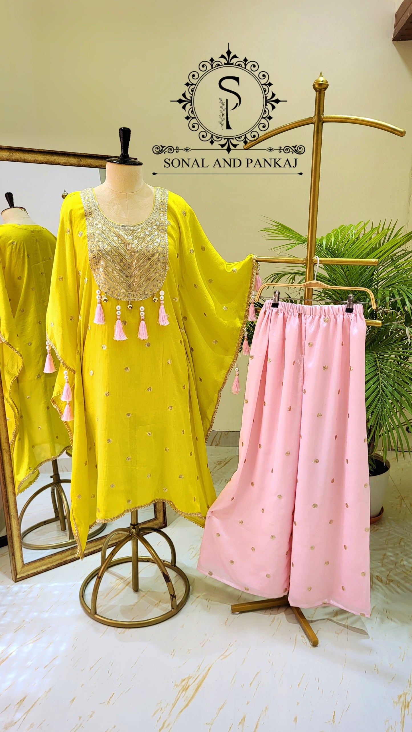 Lime Green & Baby Pink Kaftan Coord Set - RW01466