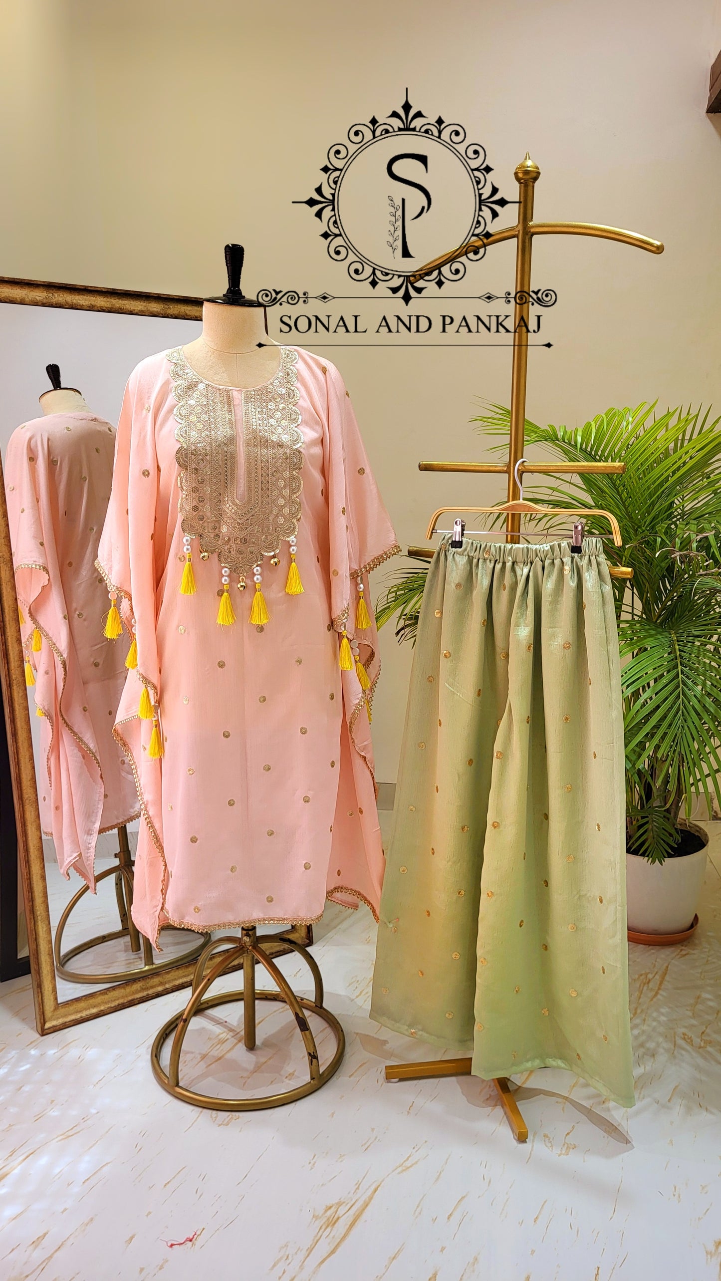 Peach & Pastel Green Kaftan Coord Set - RW01467
