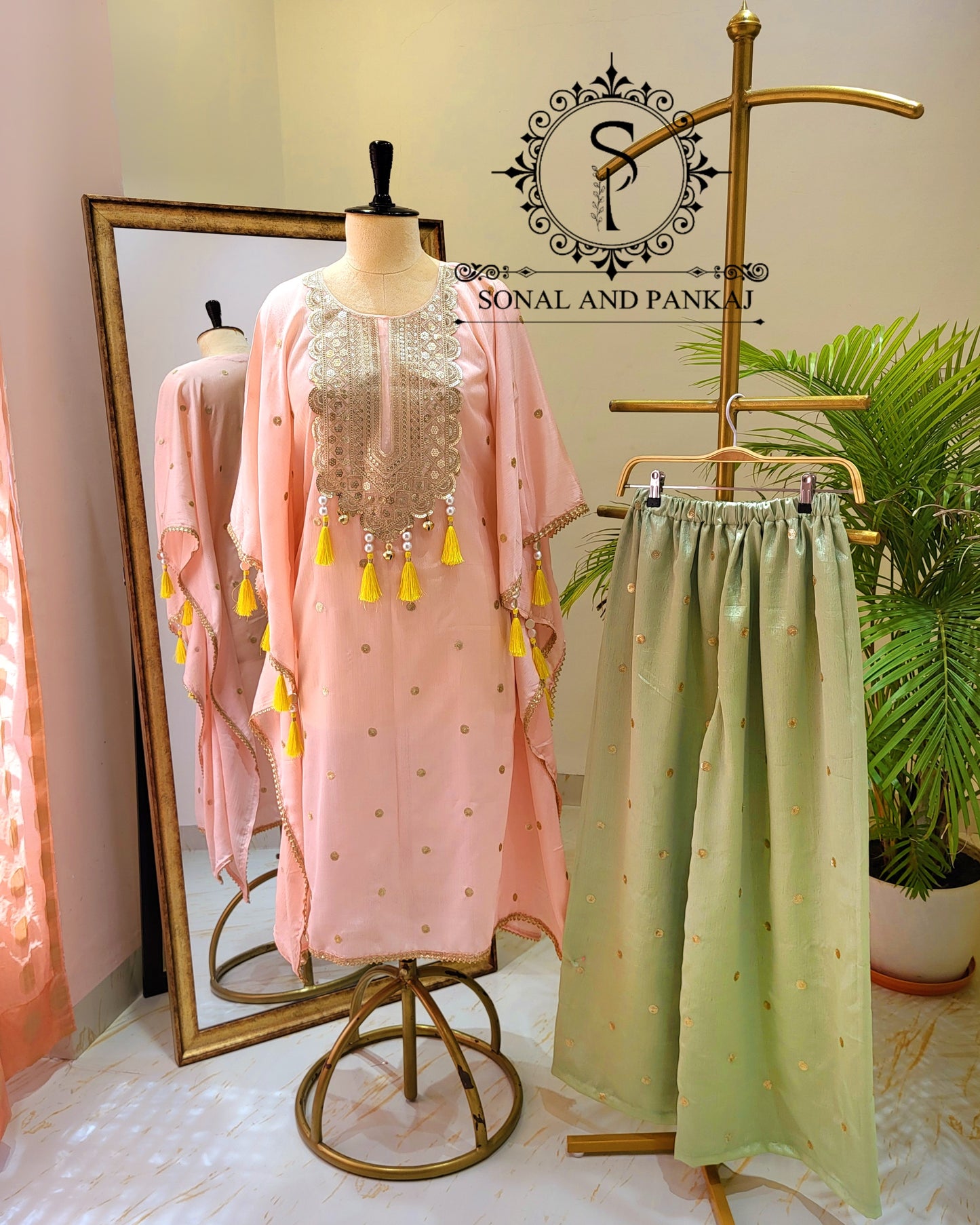 Peach & Pastel Green Kaftan Coord Set - RW01467