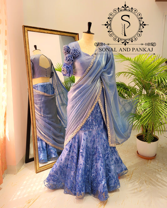 Designer 3d Flowers Blouse With Embroidered Ready To Wear Saree - SA01478