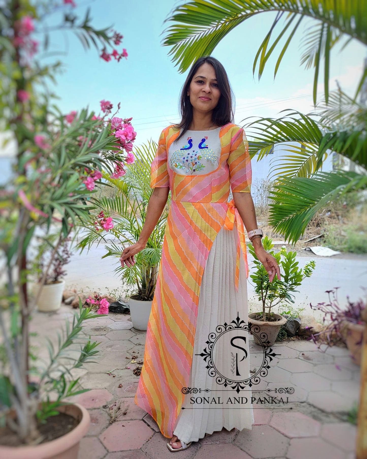 Gotta Patti Hand Embroidered Leheriya Floor Length - KT01485 (Peach)