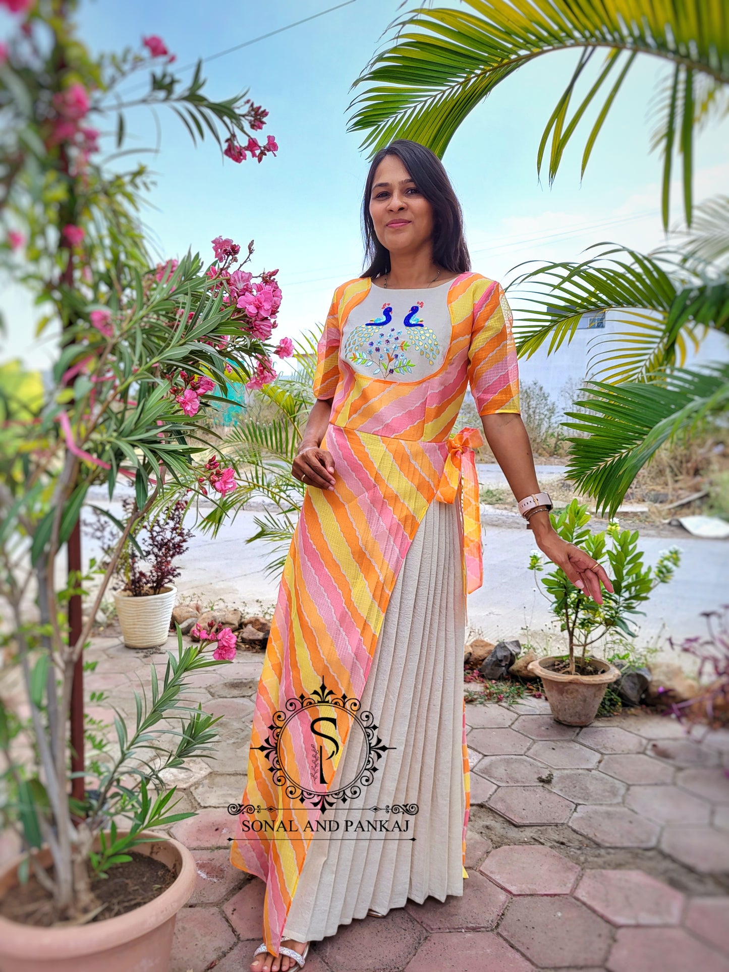 Gotta Patti Hand Embroidered Leheriya Floor Length - KT01485 (Peach)