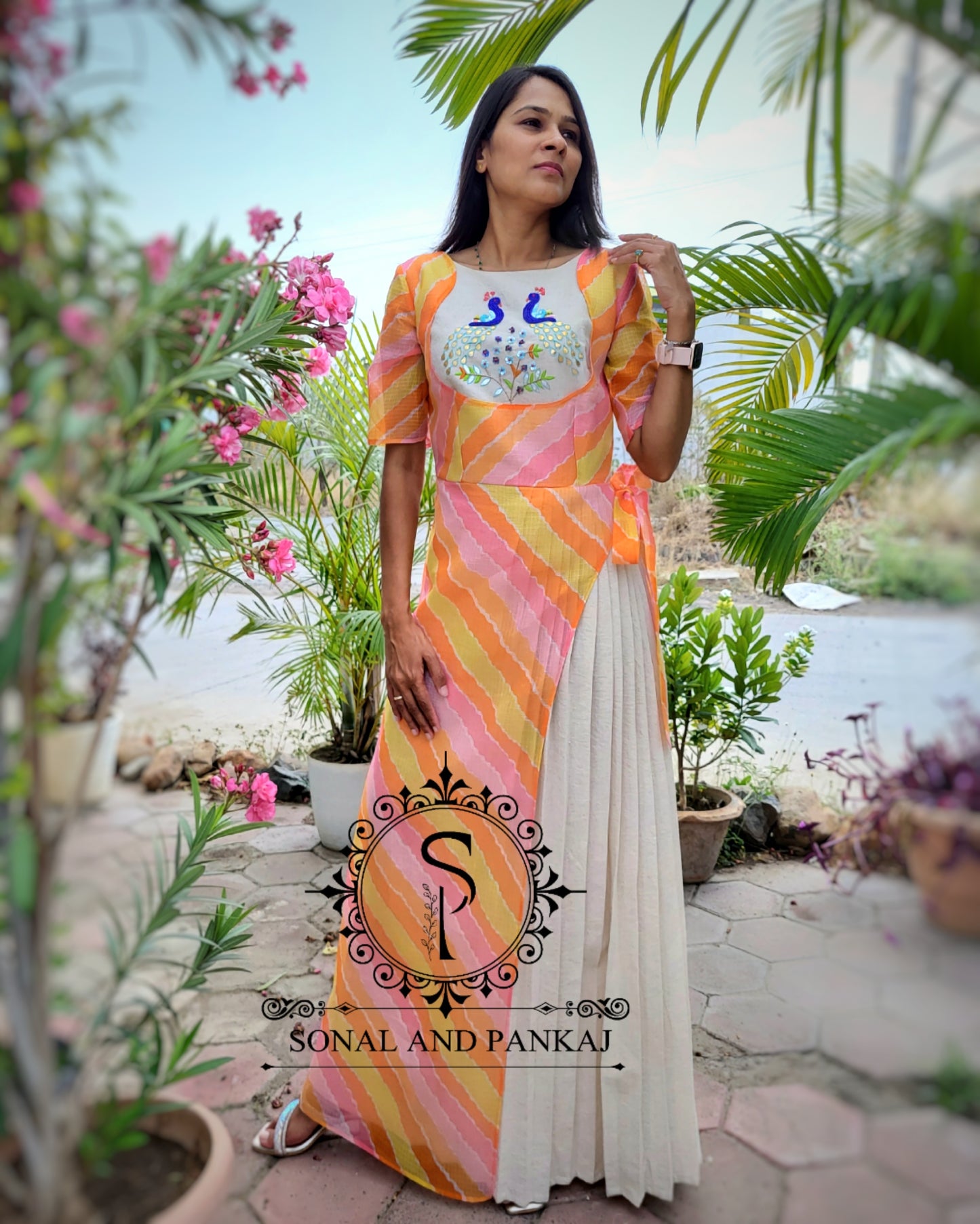 Gotta Patti Hand Embroidered Leheriya Floor Length - KT01485 (Peach)