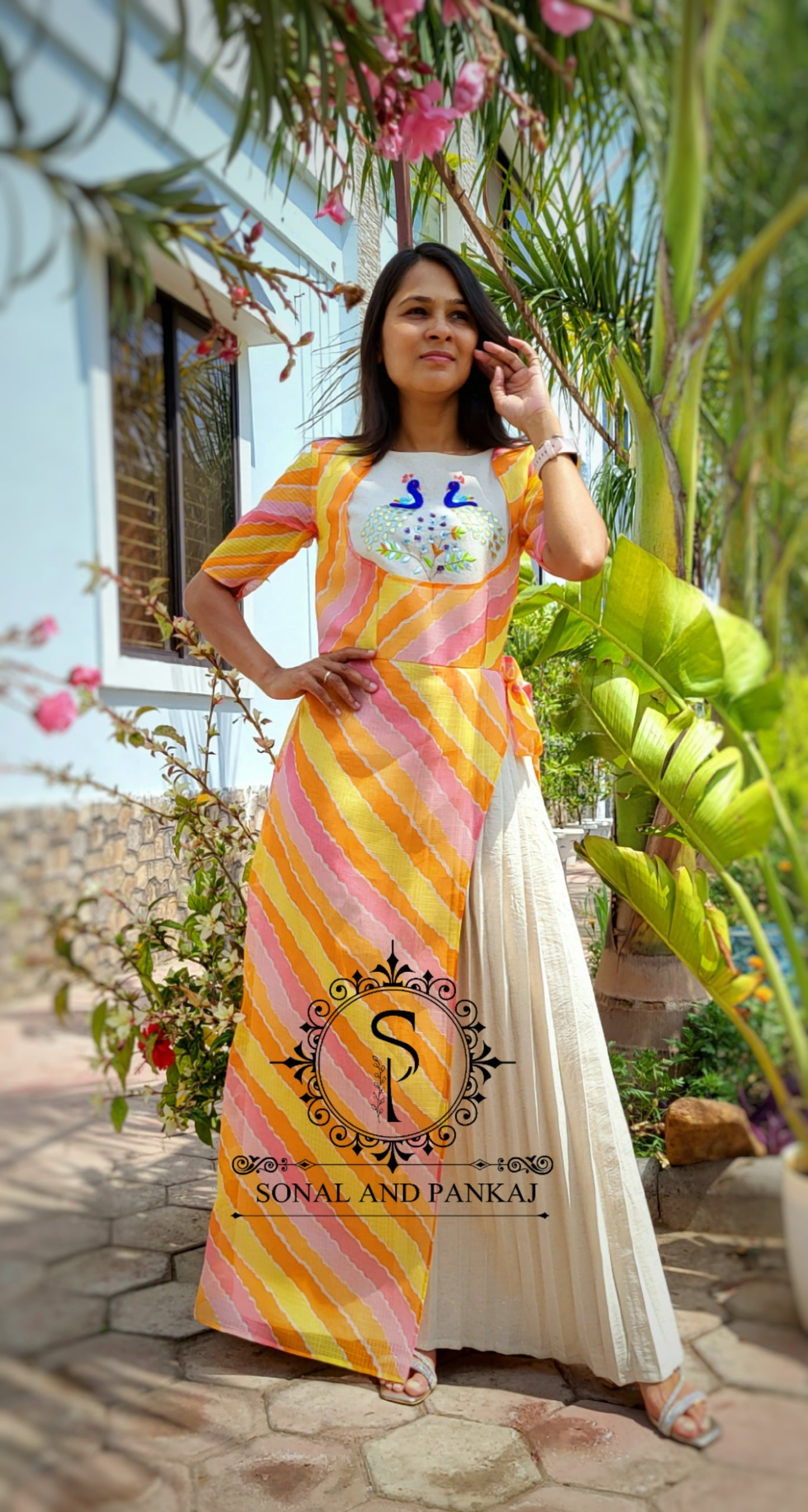 Gotta Patti Hand Embroidered Leheriya Floor Length - KT01485 (Peach)