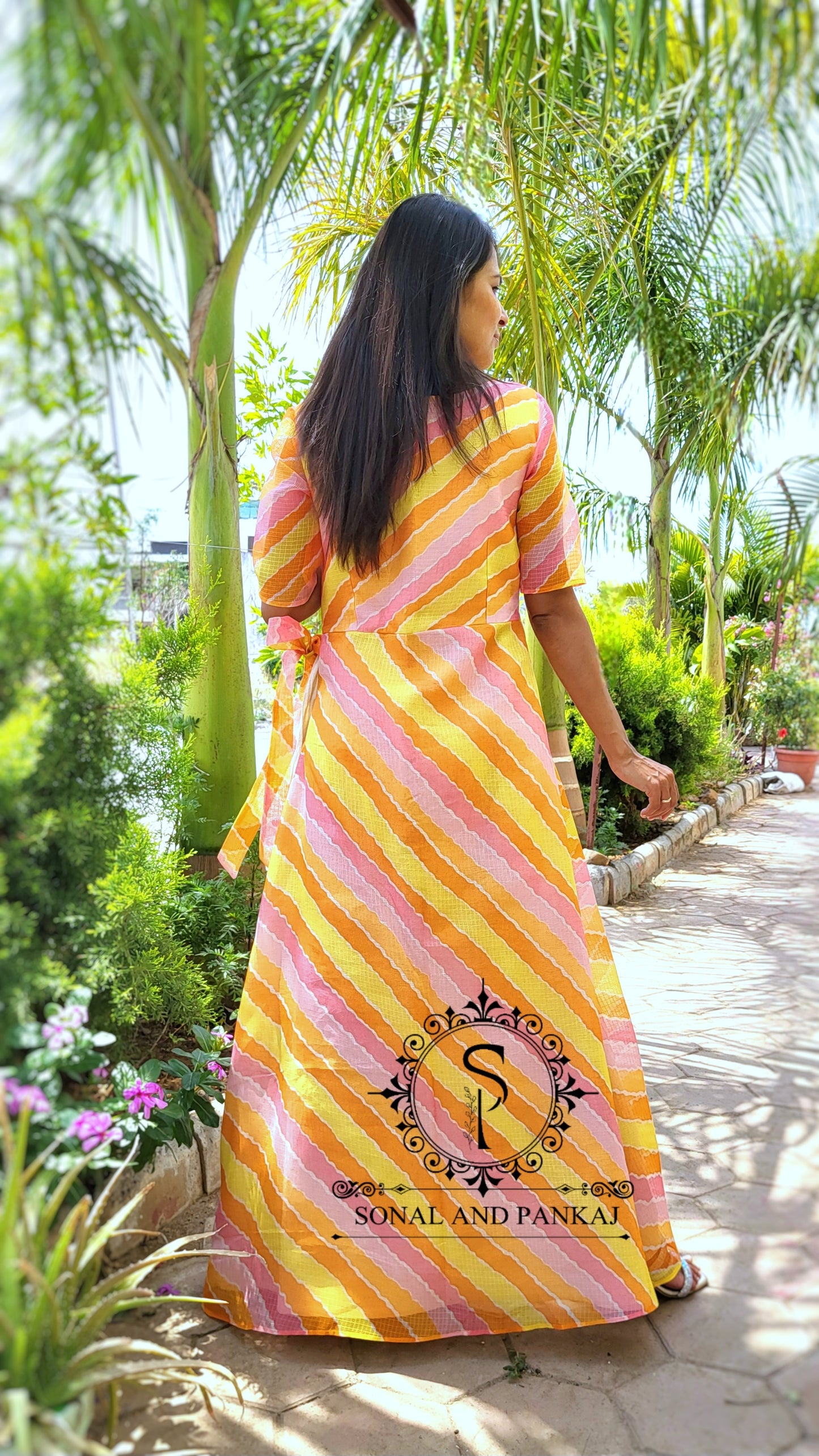 Gotta Patti Hand Embroidered Leheriya Floor Length - KT01485 (Peach)