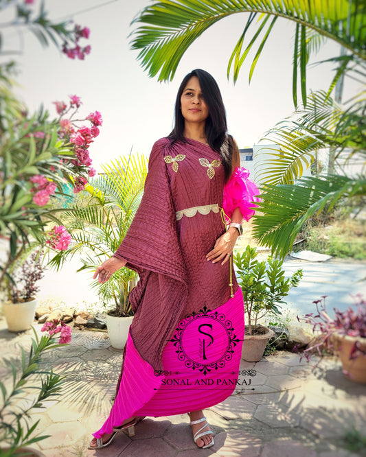 Mocha & Hot Pink Crushed Resort Wear Kaftan - RW01500