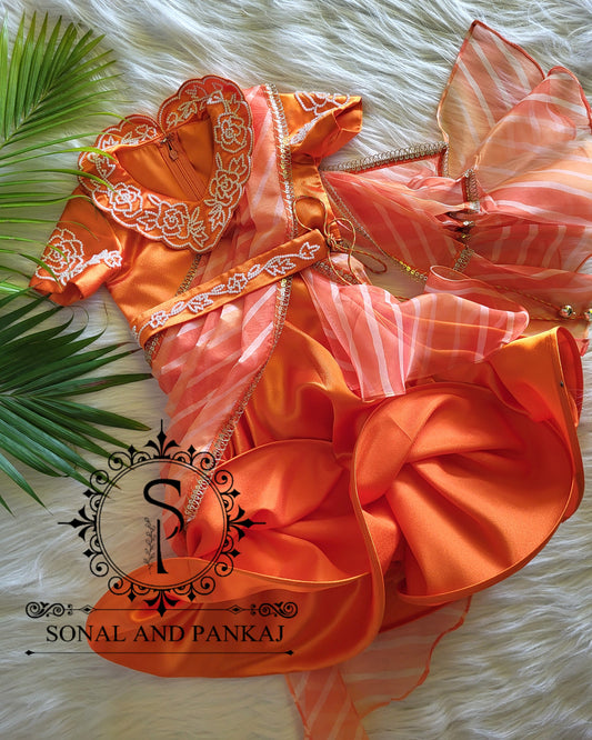 Orange Ready To Wear Kids Gown Saree - KD01502