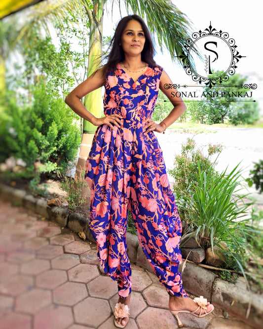 Designer Royal Blue Floral Dhoti Jumpsuit - JS01505