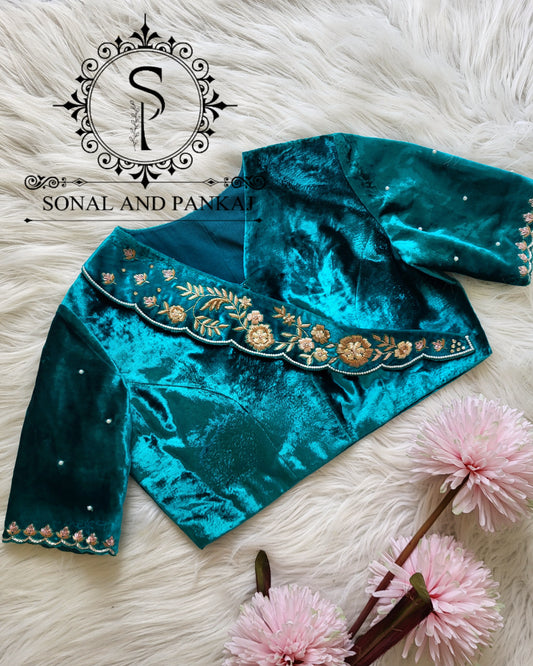 Peacock Blue Velvet Zardozi Hand Embroidered Blouse - BL01510