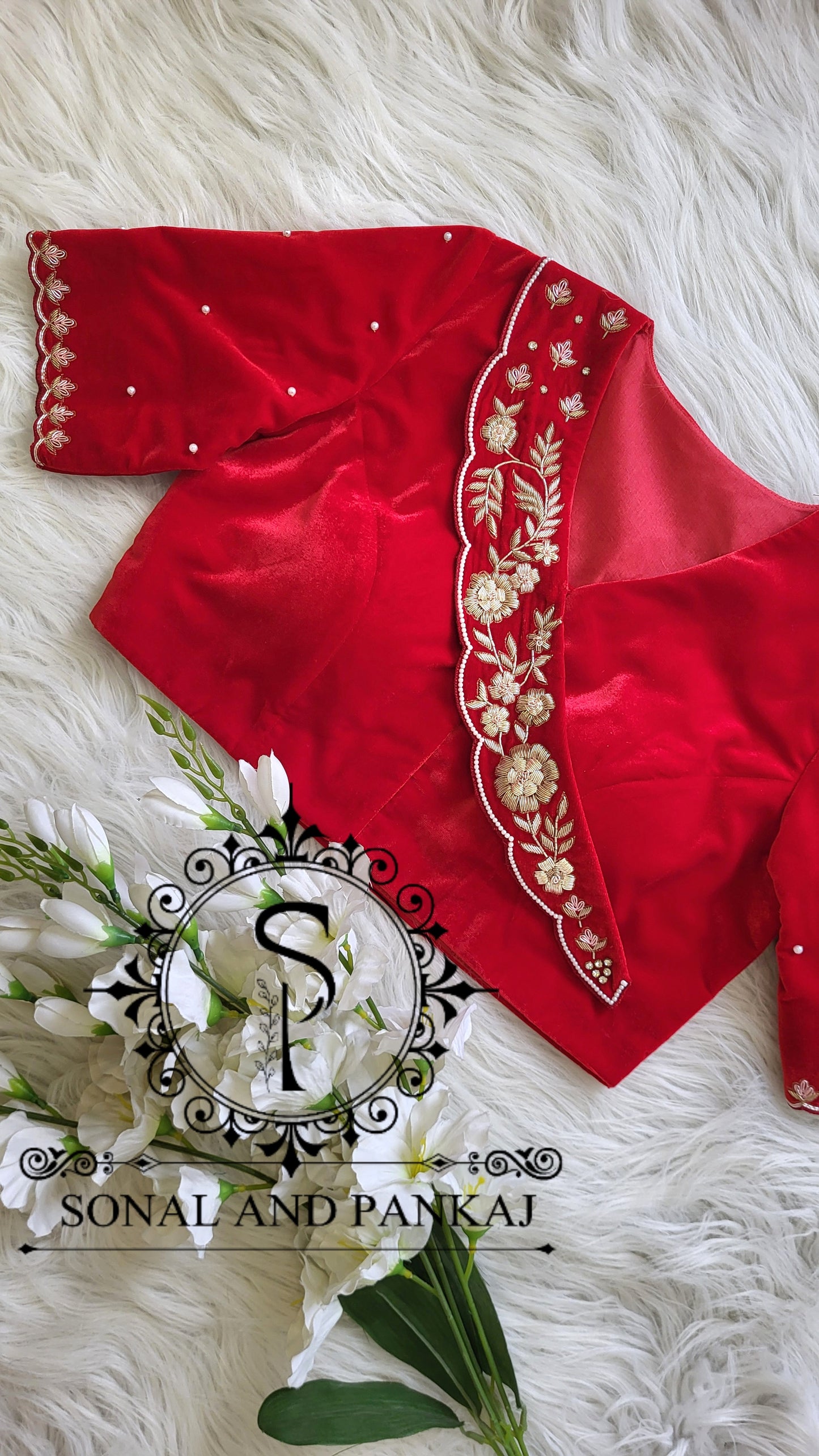 Red Velvet Zardozi Hand Embroidered Blouse On Sale - BL01511