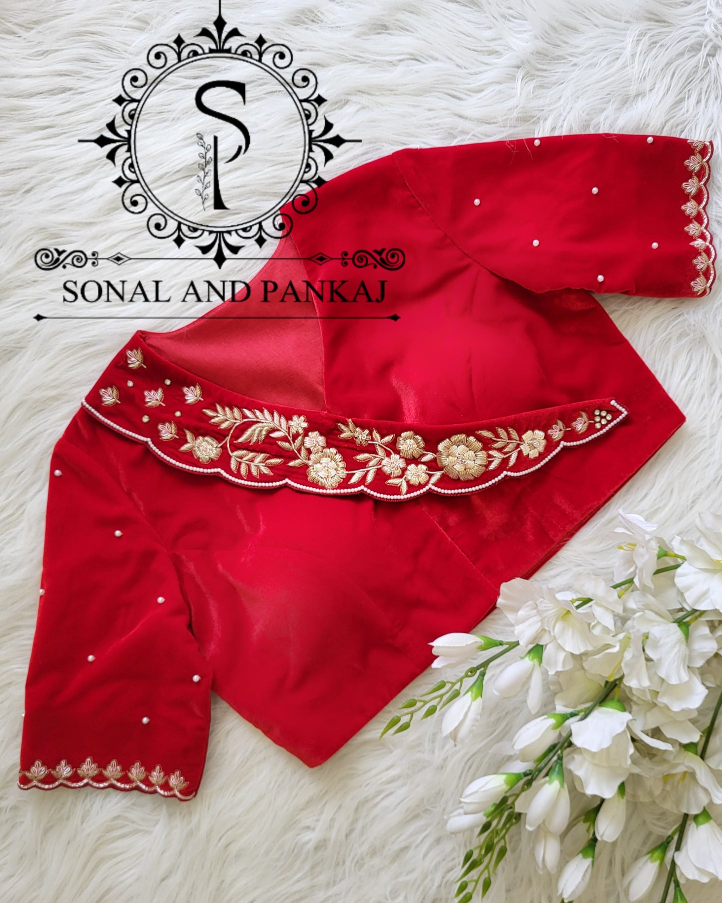 Red Velvet Zardozi Hand Embroidered Blouse On Sale - BL01511