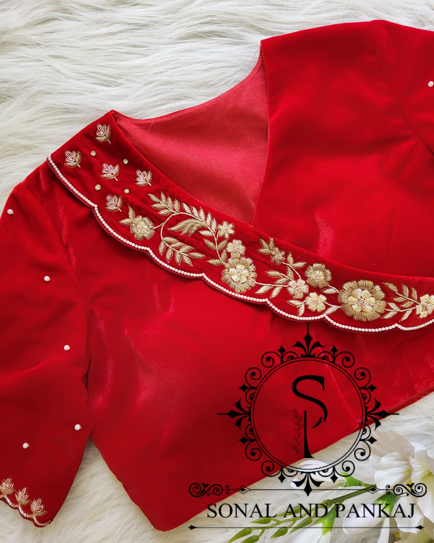 Red Velvet Zardozi Hand Embroidered Blouse On Sale - BL01511