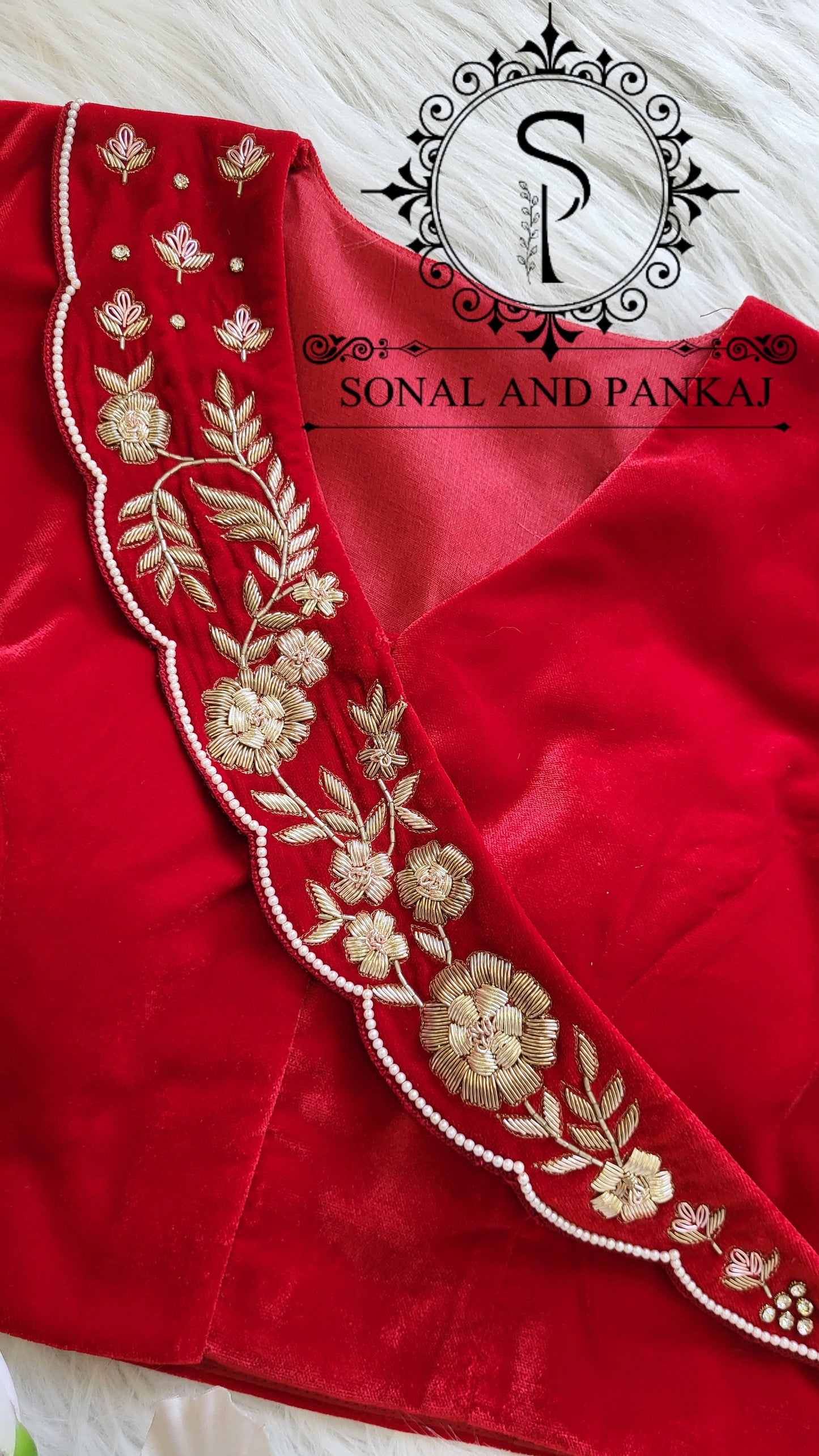 Red Velvet Zardozi Hand Embroidered Blouse On Sale - BL01511