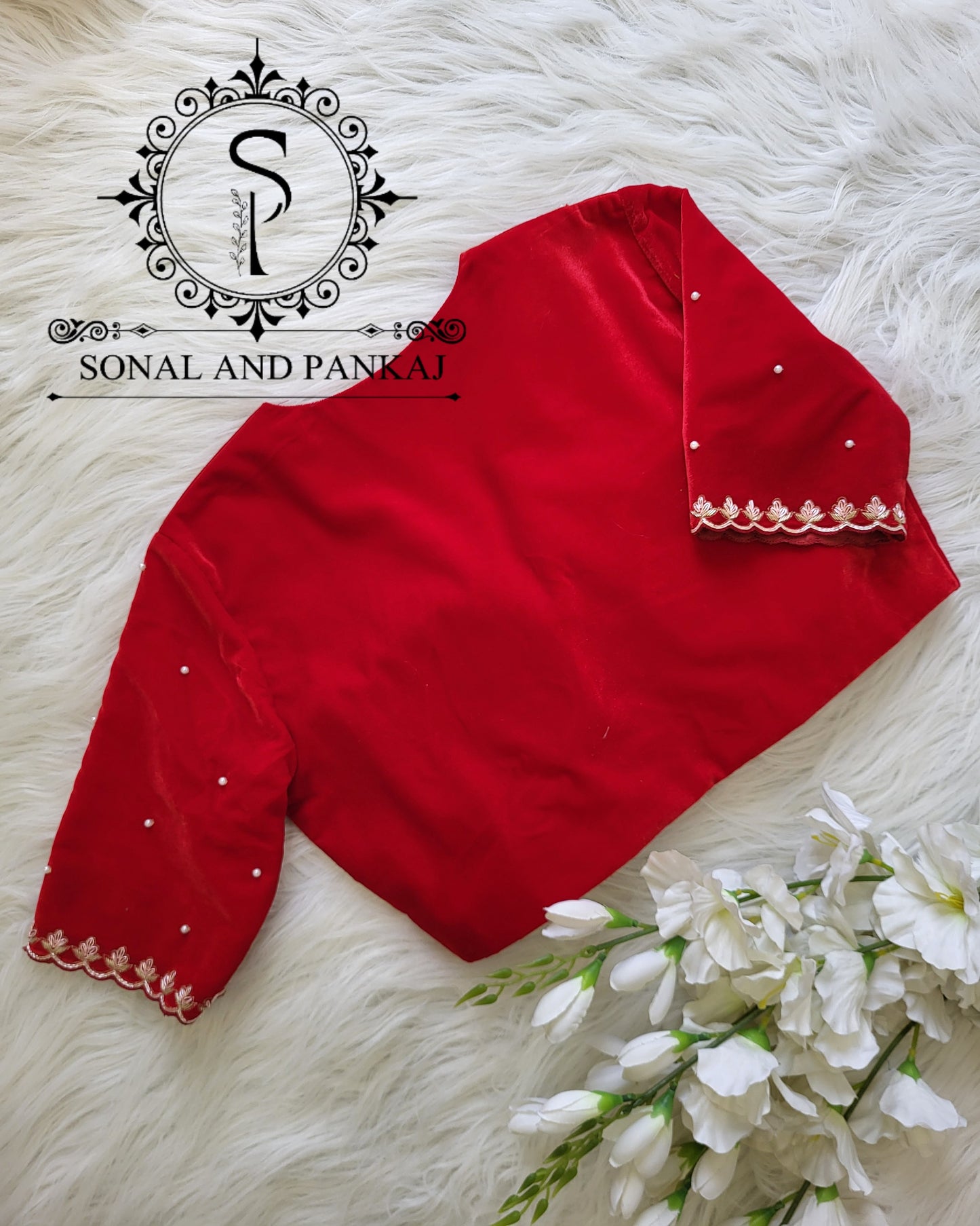 Red Velvet Zardozi Hand Embroidered Blouse On Sale - BL01511