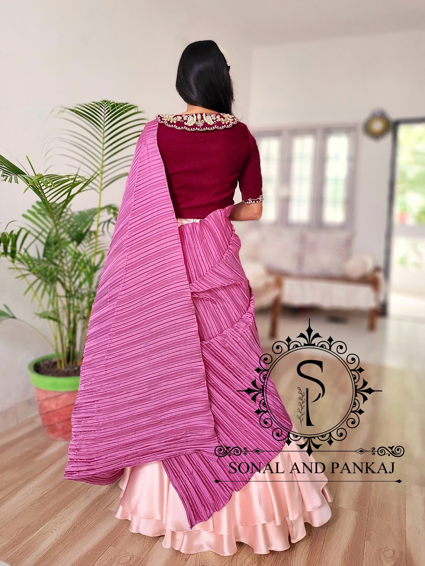 Hand Embroidered Blouse With Pleated Palloo Ready To Wear Saree - SA01498
