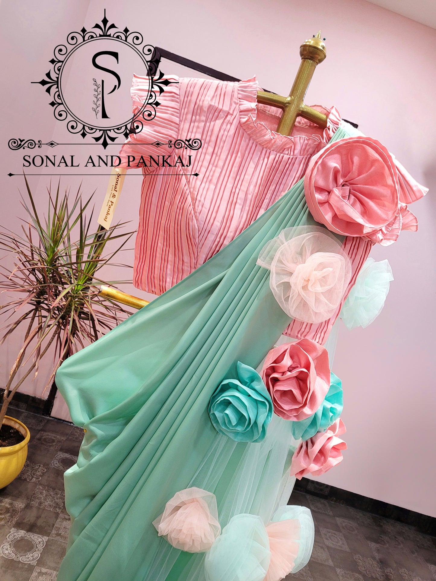Peach Pleated Blouse With Mint Green Ready To Drape Saree - SA01727