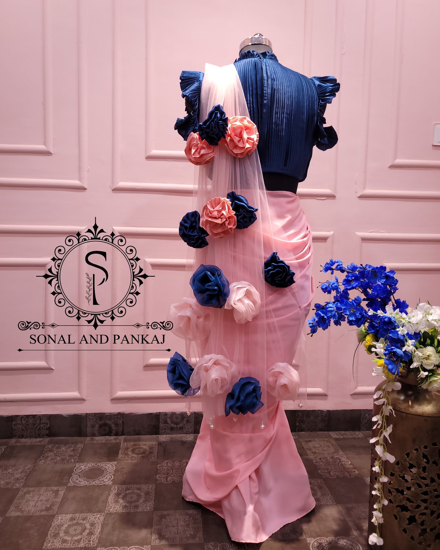Peacock Blue Pleated Blouse With Peach Ready To Drape Saree - SA01726