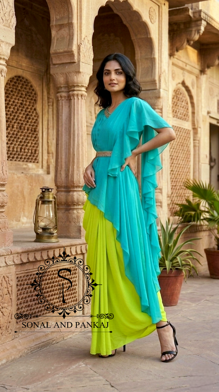 Azure-Lime Pop-Color Cape & Cowl Set - LH01717