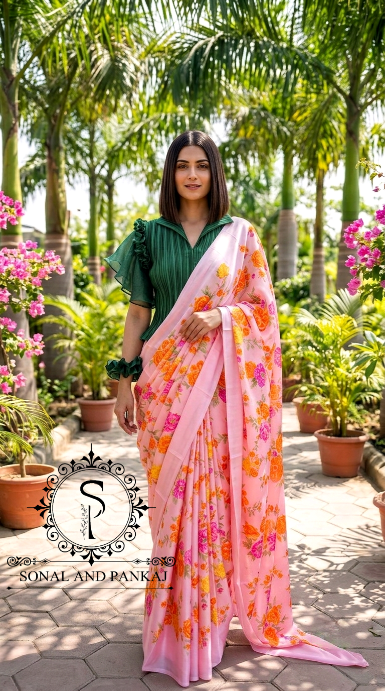 Pleated Petal Top & Peach Floral Print Saree - SA01664
