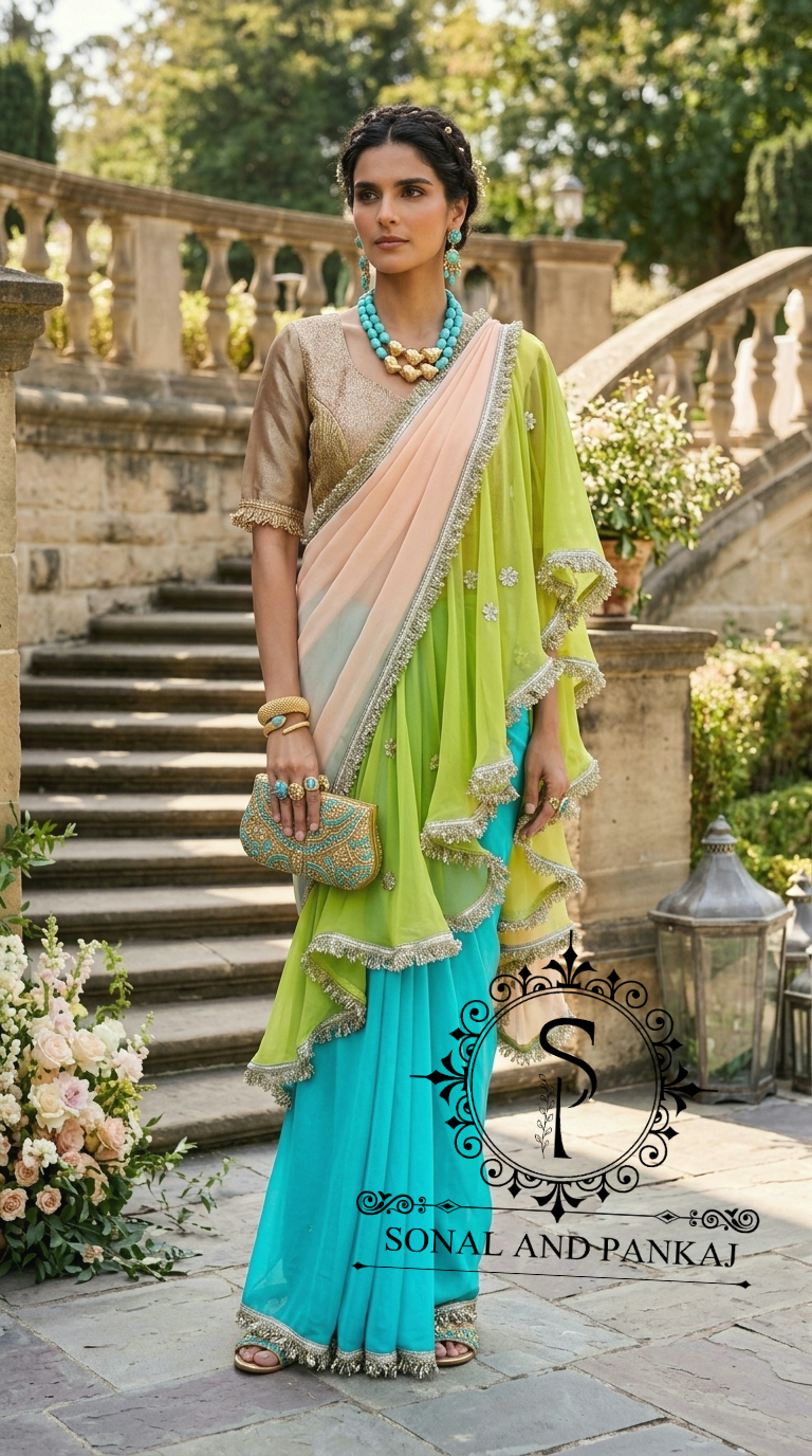 The Phuljhadi Ruffle Drape - SA01848(Peach & Green)