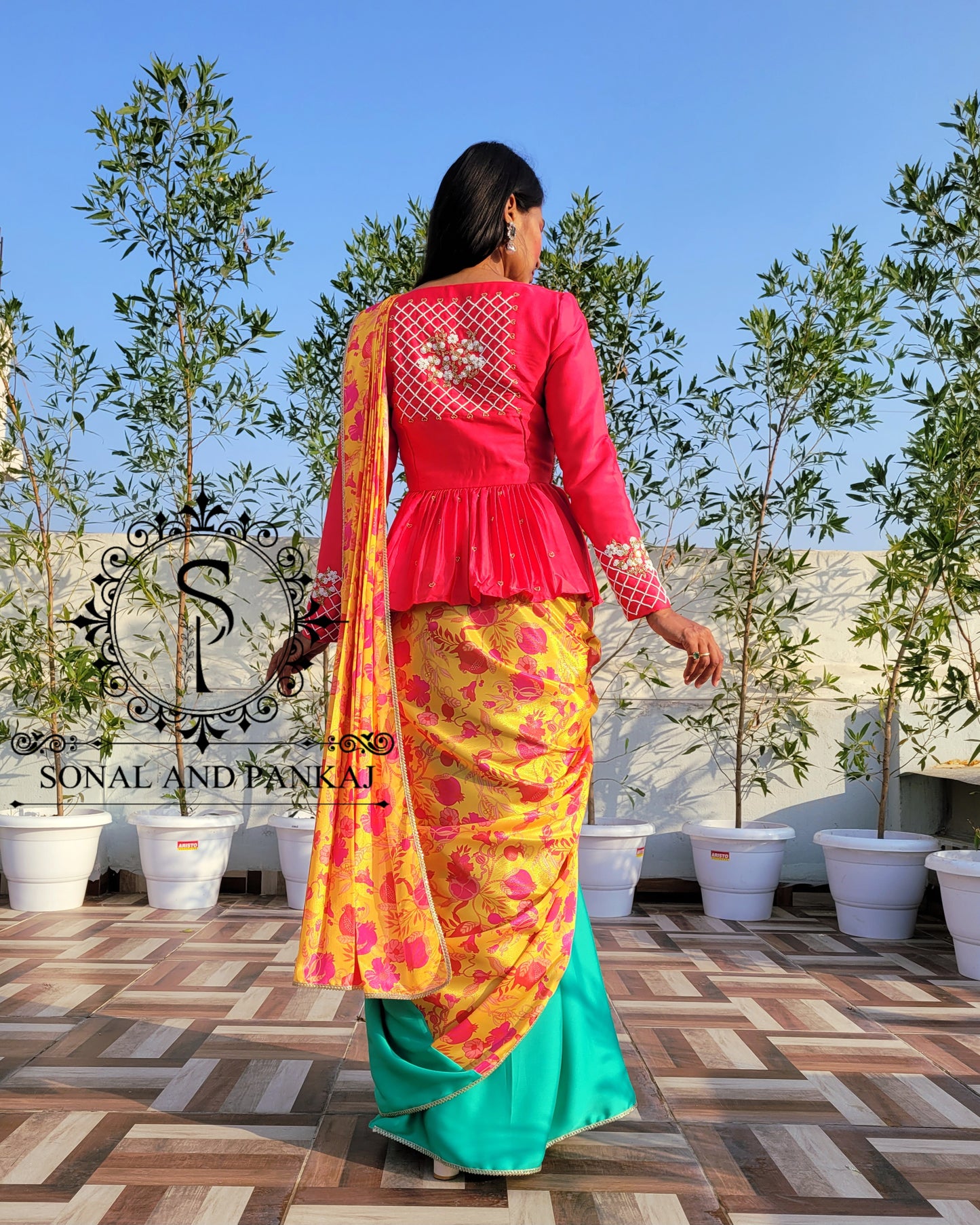 Coral Red Hand Embroidered Peplum Blouse With Beautiful Saree - SA01325
