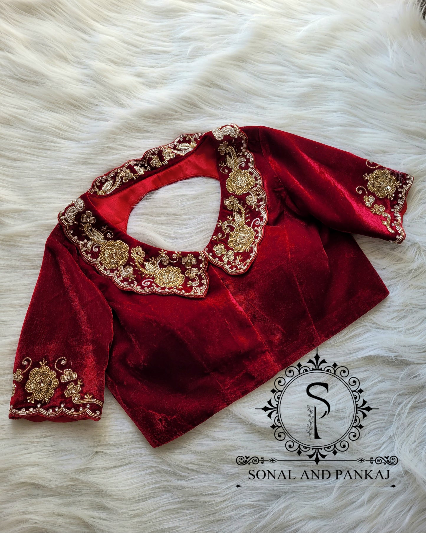 Maroon Velvet Hand Embroidered Blouse - BL01318