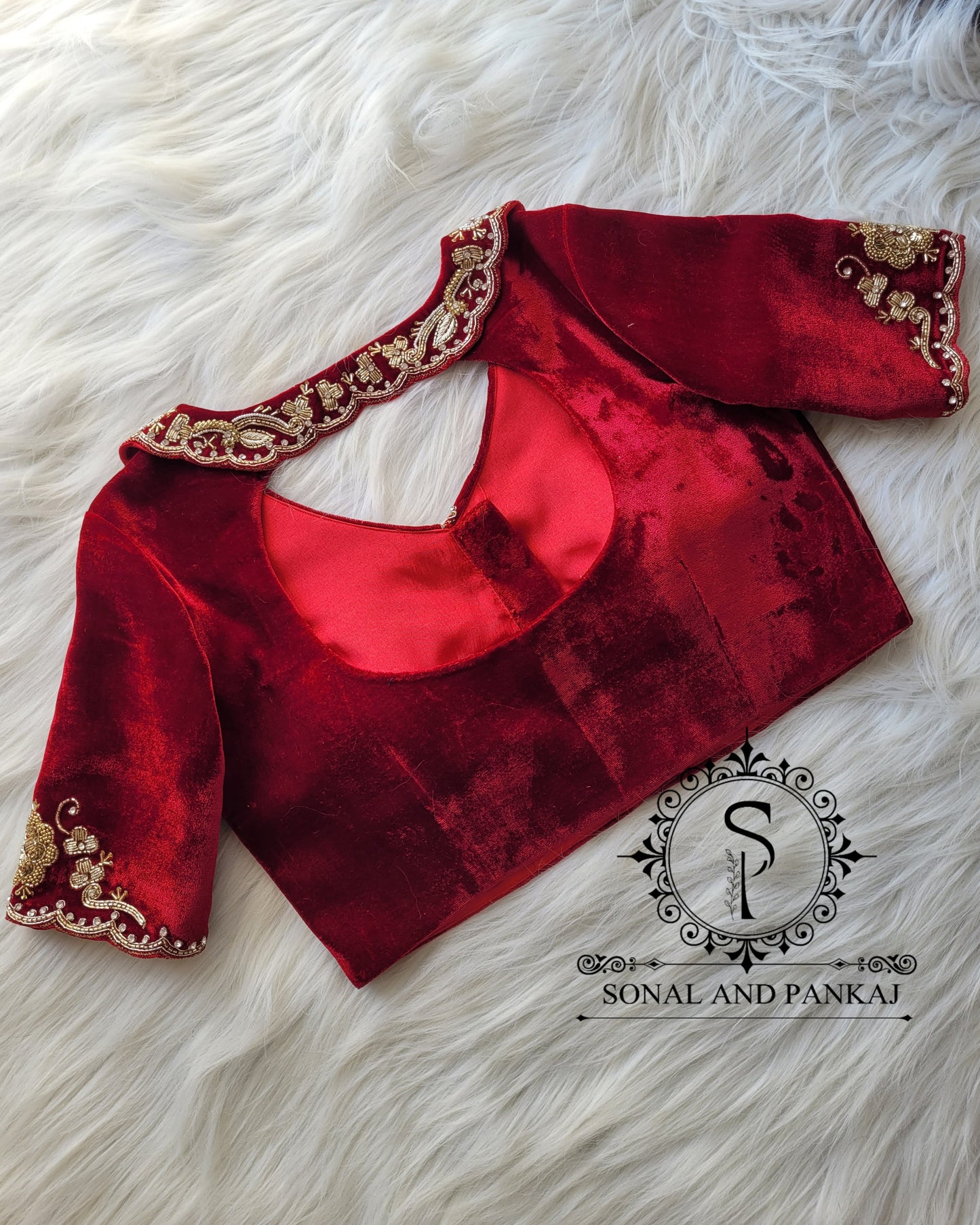 Maroon Velvet Hand Embroidered Blouse - BL01318
